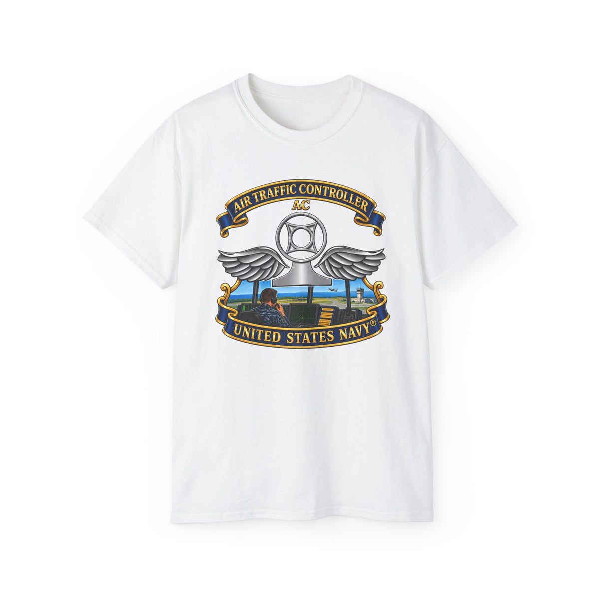Unisex Ultra Cotton T-Shirt - Navy - Rate - Air Traffic Controller (AC) - with Scene - 3D - Enhanced