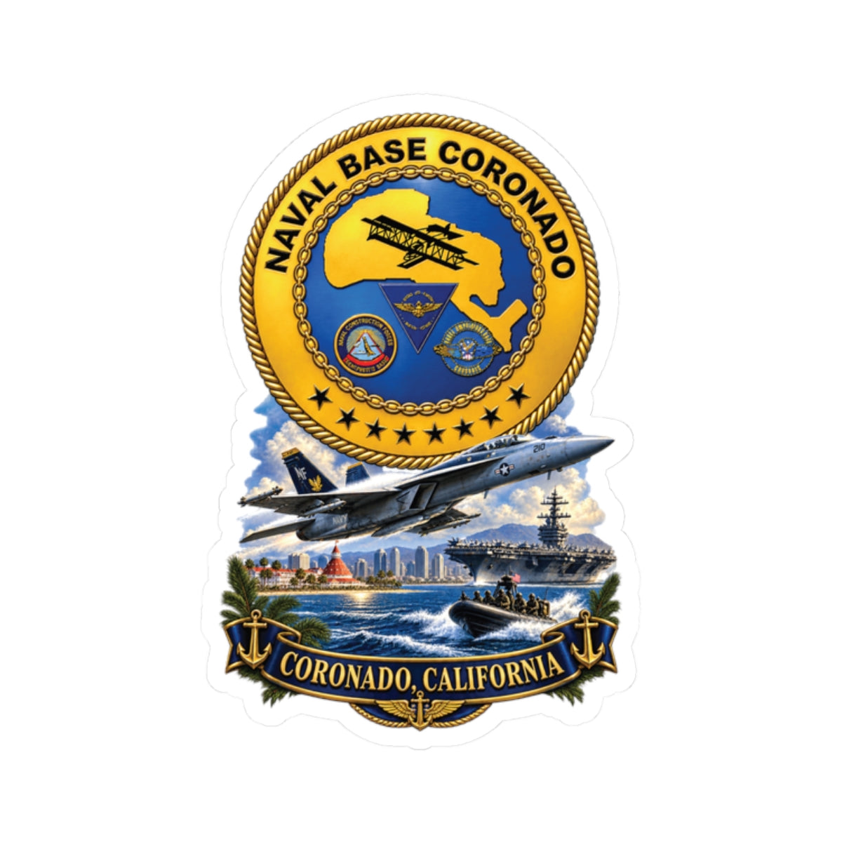 Kiss-Cut Stickers - NAVY - Naval Base Coronado - Crest w Scene - Coronado California - 3D - Enhanced