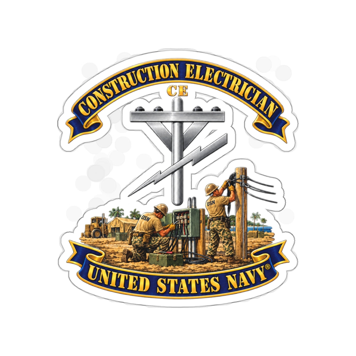 Die-Cut Vinyl Sticker - Navy - Rate - Construction Electrician (CE) with Scene - 3D - Enhanced