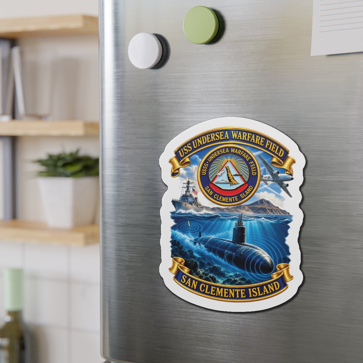 Die-Cut Magnet - NAVY - USS Undersea Warfare Field - San Clemente Island - Crest - w scene - 3D - Enhanced