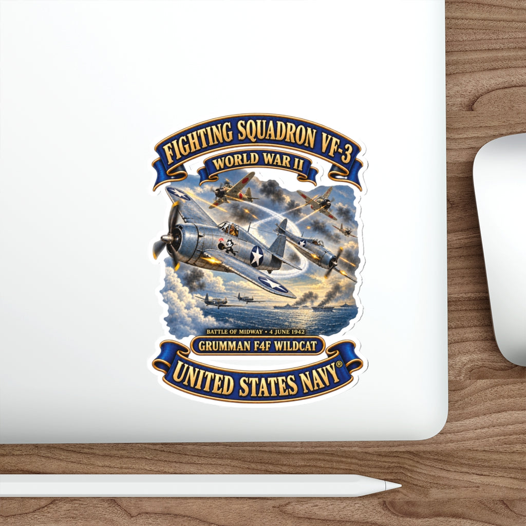 Die-Cut Vinyl Sticker - Navy - Fighting Squadron - VF 3 - WWII - Grumman F4F Wildcats - Japanese Zeros - Battle of Midway - 3D - Enhanced