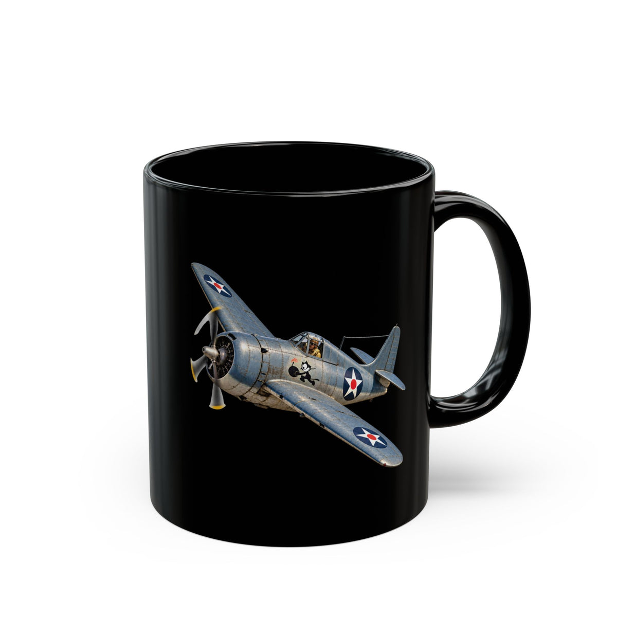 Black Mug (11oz, 15oz) - NAVY - VF - 3 - Wildcat w FELIX WWI Insignia - 3D - Enhanced