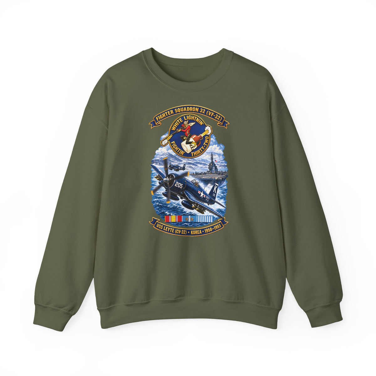Unisex Heavy Blend™ Crewneck Sweatshirt - NAVY - VF 32  -White Lightnin - Fightin 32 - SSI - USS Leyte (CV32) - F4U-4 Corsair - Korea - 1950-1951- 3D - Enhanced