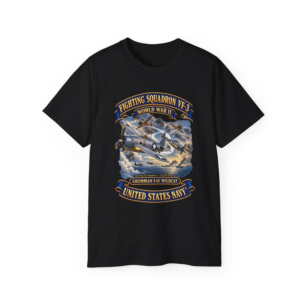 Unisex Ultra Cotton T-Shirt - Navy - Fighting Squadron - VF 3 - WWII - Grumman F4F Wildcats - Japanese Zeros - Battle of Midway - 3D - Enhanced