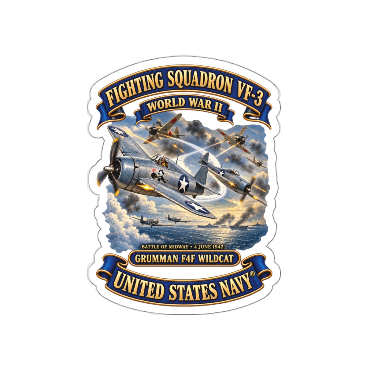 Die-Cut Vinyl Sticker - Navy - Fighting Squadron - VF 3 - WWII - Grumman F4F Wildcats - Japanese Zeros - Battle of Midway - 3D - Enhanced