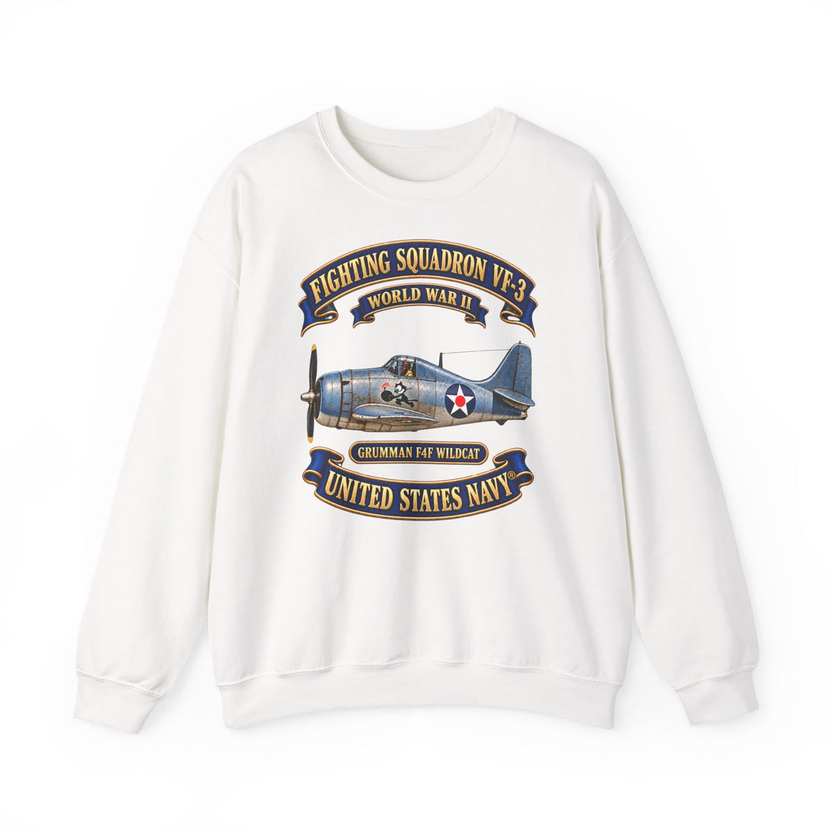 Unisex Heavy Blend™ Crewneck Sweatshirt -  NAVY - Fighting Squadron - VF 3 - WWII FELIX Insignia - Grumman F4F Wildcat - 3D - Enhanced