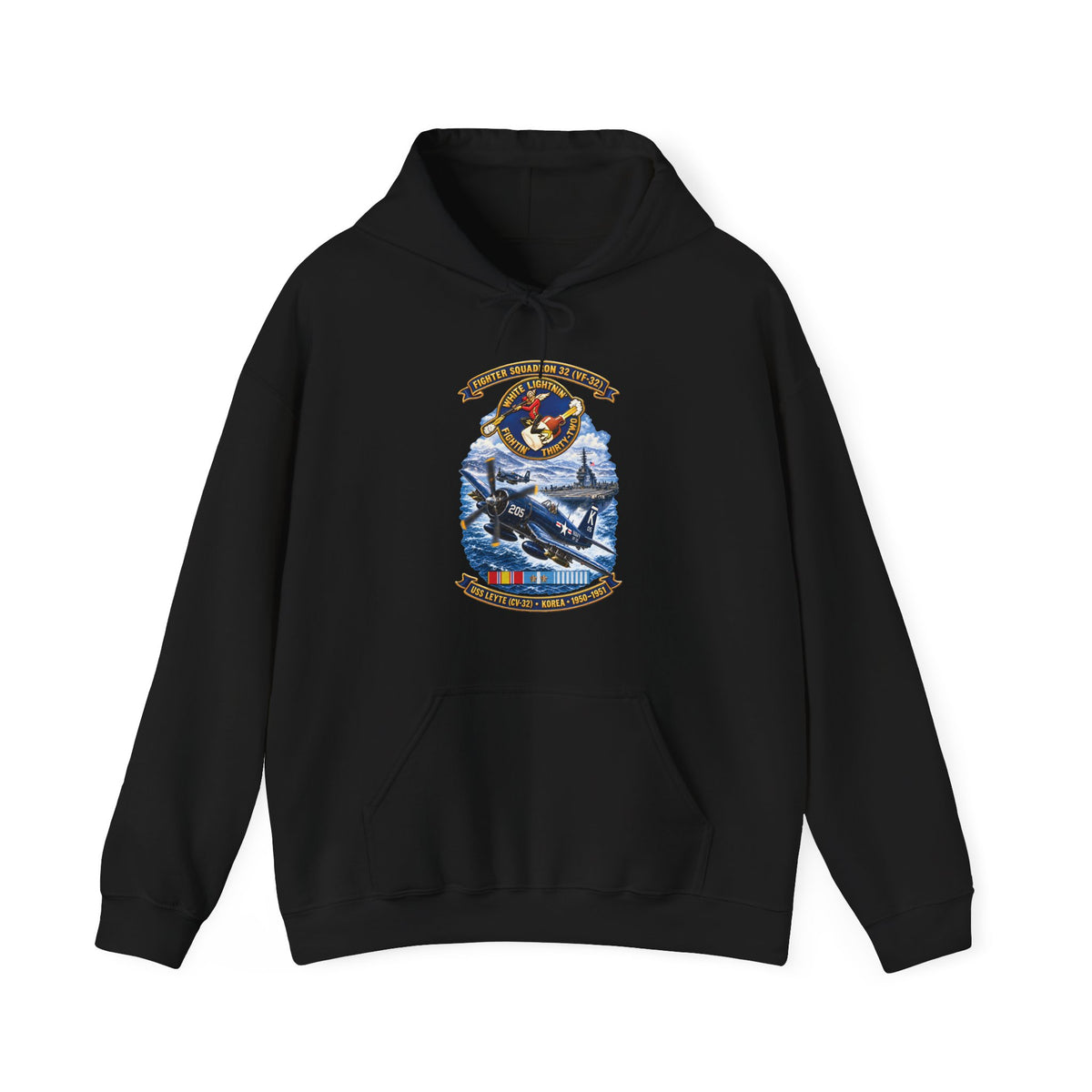 Unisex Heavy Blend™ Hoodies - NAVY - VF 32  -White Lightnin - Fightin 32 - SSI - USS Leyte (CV32) - F4U-4 Corsair - Korea - 1950-1951- 3D - Enhanced