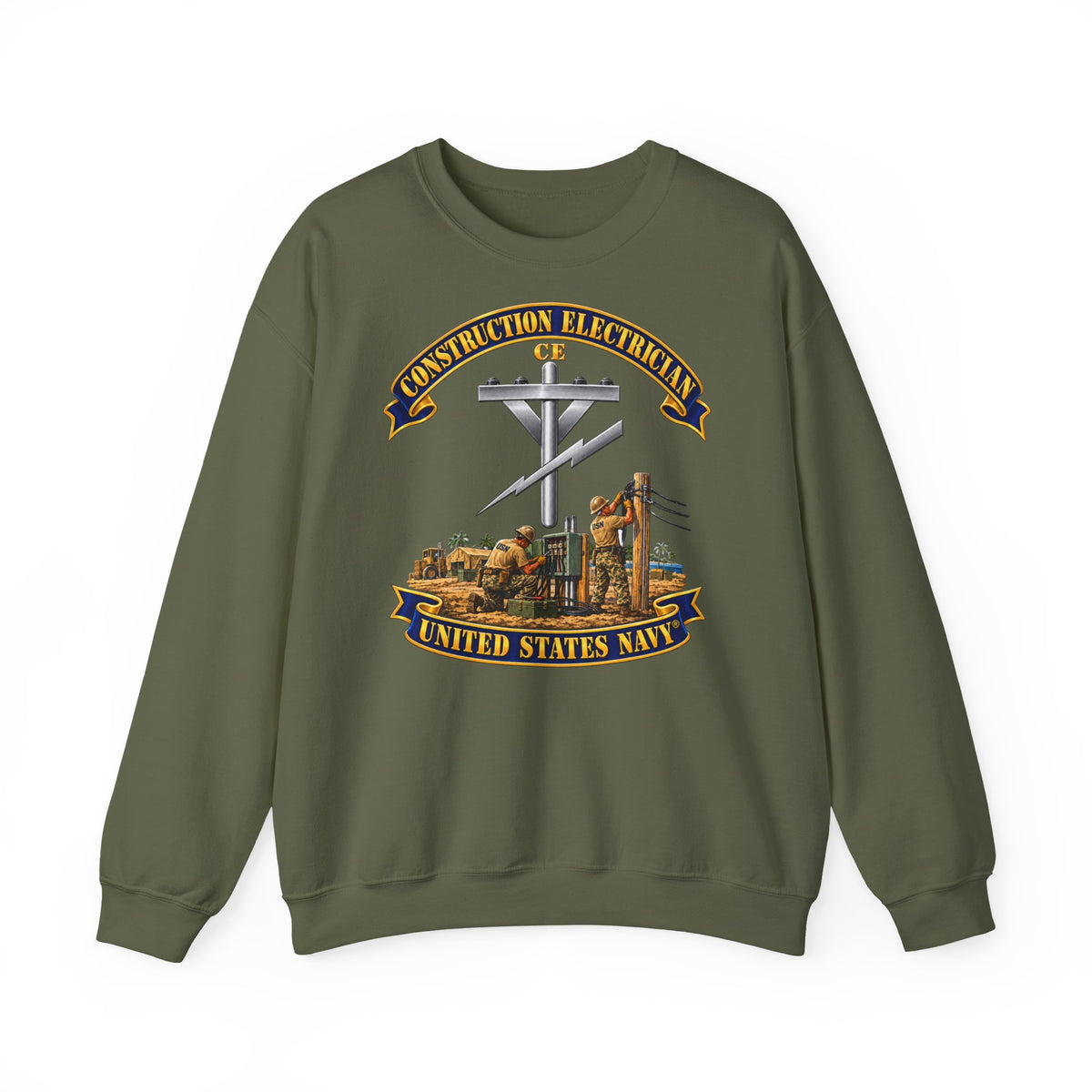Unisex Heavy Blend™ Crewneck Sweatshirt -  Navy - Rate - Construction Electrician (CE) with Scene - 3D - Enhanced
