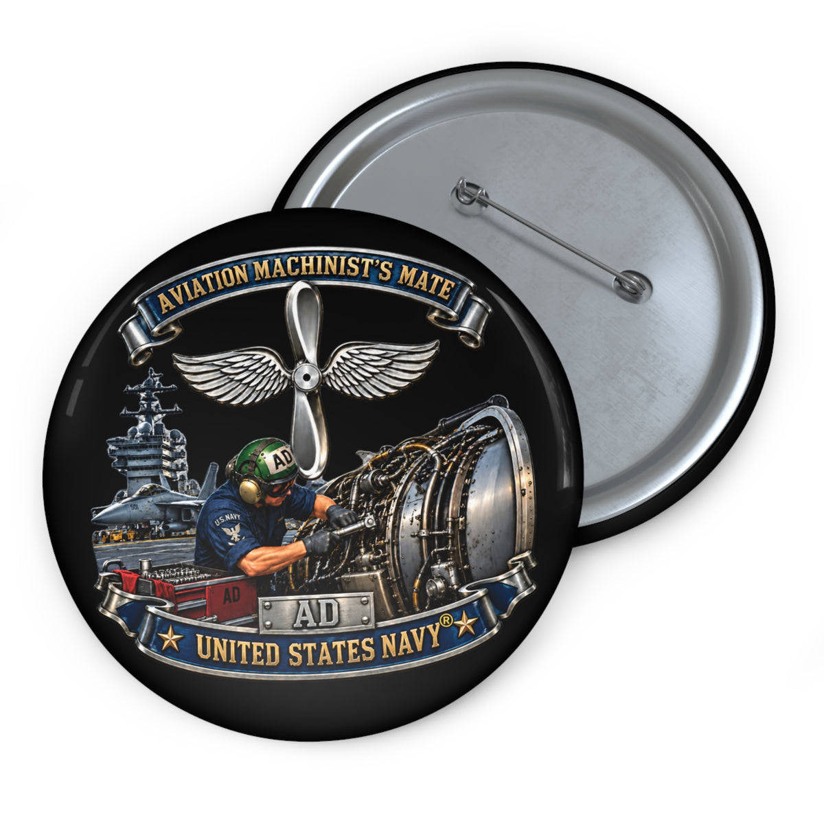 Pin Button - Navy - Rate - Aviation Machinists Mate Br with Scene - 3D - Enhanced