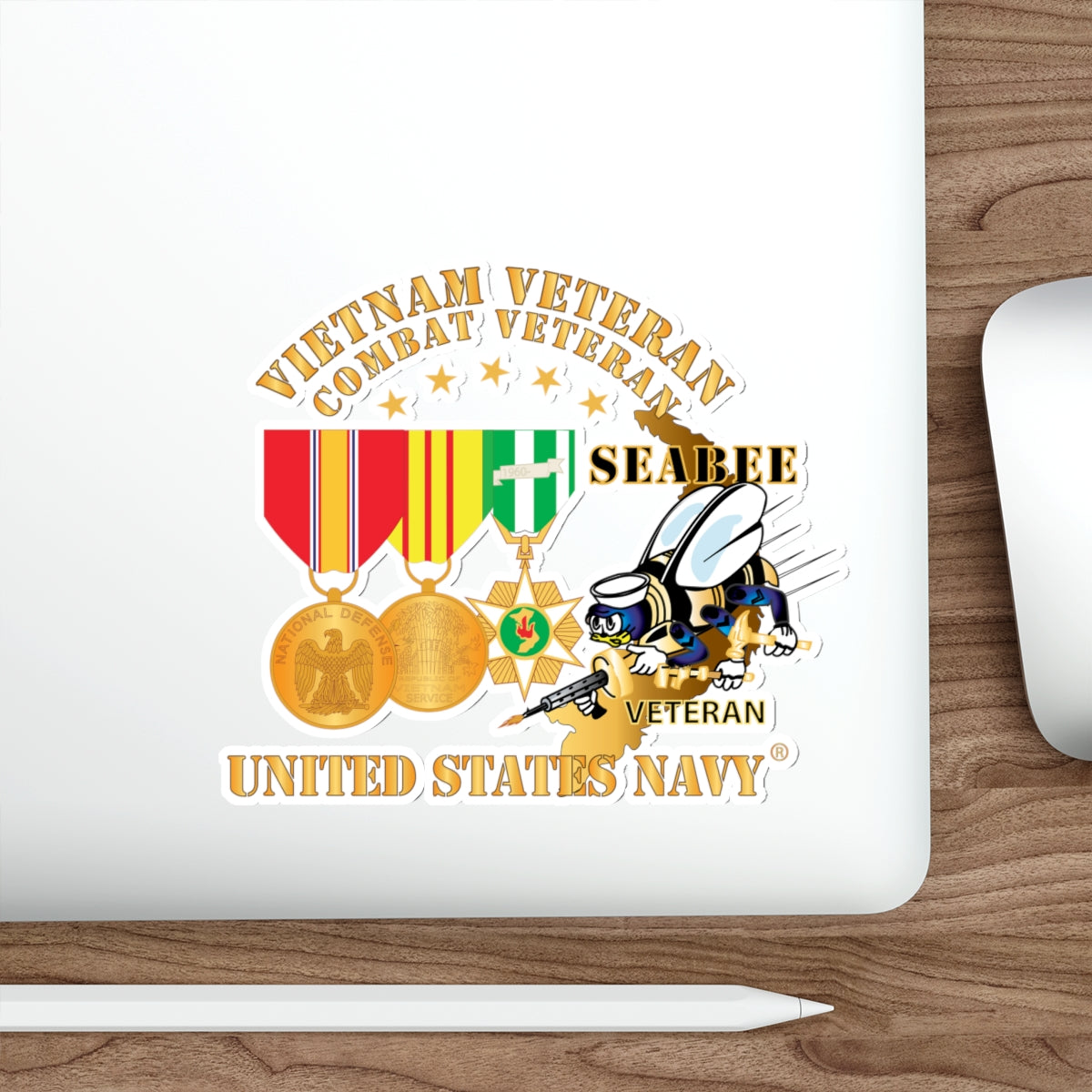 Die-Cut Vinyl Sticker - Navy - Vietnam  Veteran - w Medals - VN - Seabee