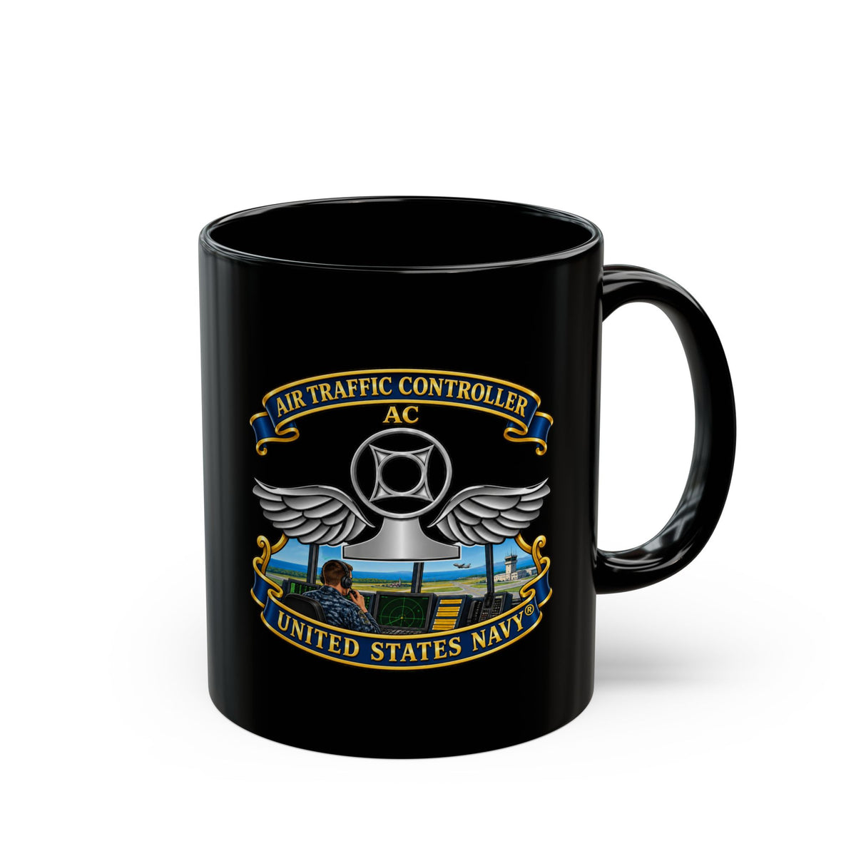 Black Mug (11oz, 15oz) - Navy - Rate - Air Traffic Controller (AC) - with Scene - 3D - Enhanced
