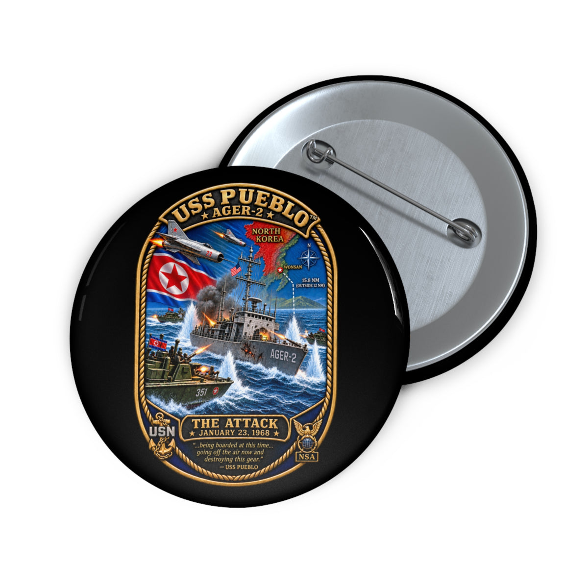 Pin Button - Navy - USS Pueblo Attack-Defense Commemorative Patch - 3D - Enhanced