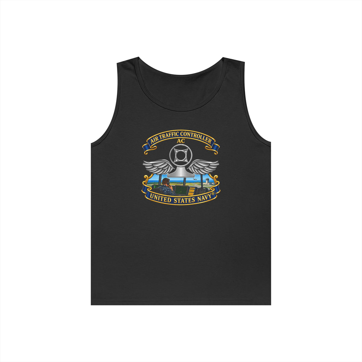 Unisex Heavy Cotton Tank Top - Navy - Rate - Air Traffic Controller (AC) - with Scene - 3D - Enhanced