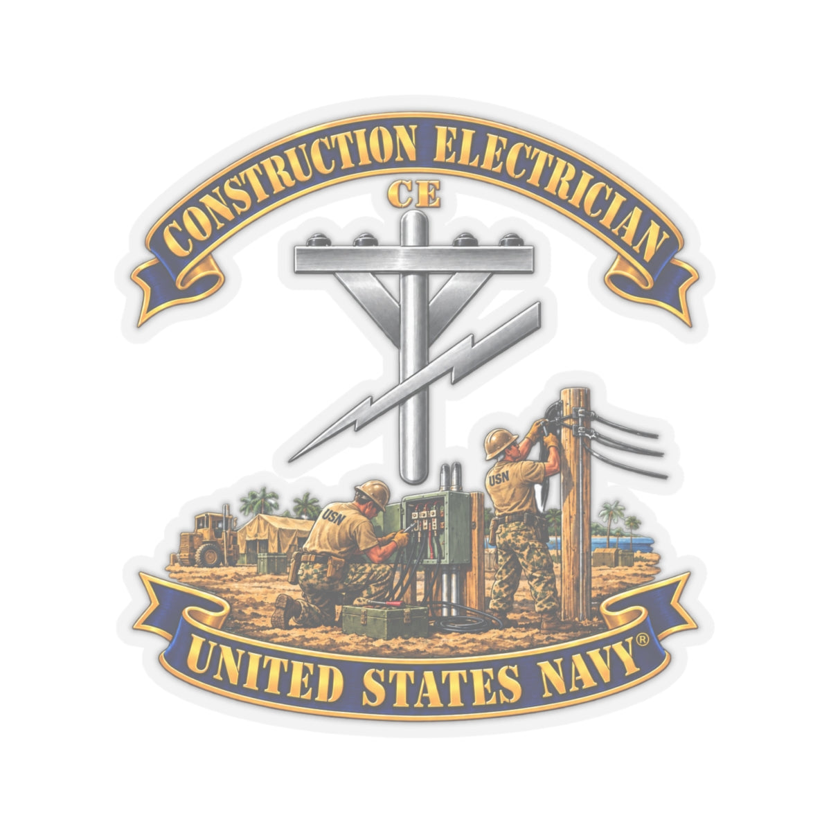 Kiss-Cut Stickers - Navy - Rate - Construction Electrician (CE) with Scene - 3D - Enhanced