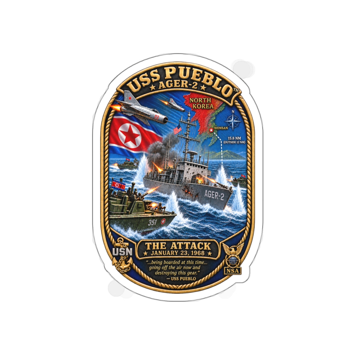Die-Cut Vinyl Sticker - Navy - USS Pueblo Attack-Defense Commemorative Patch - 3D - Enhanced