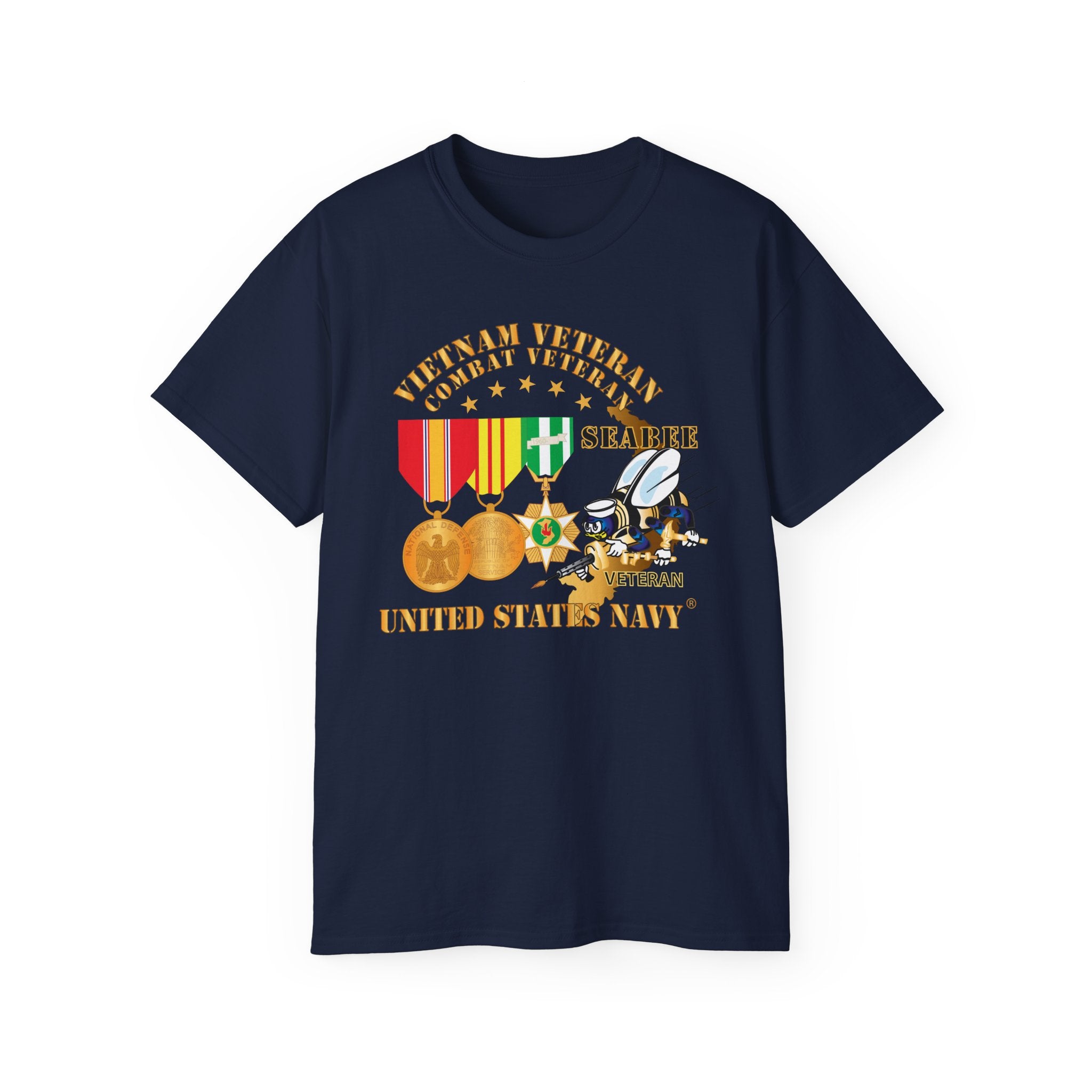 Unisex Ultra Cotton T-Shirt - Navy - Vietnam  Veteran - w Medals - VN - Seabee