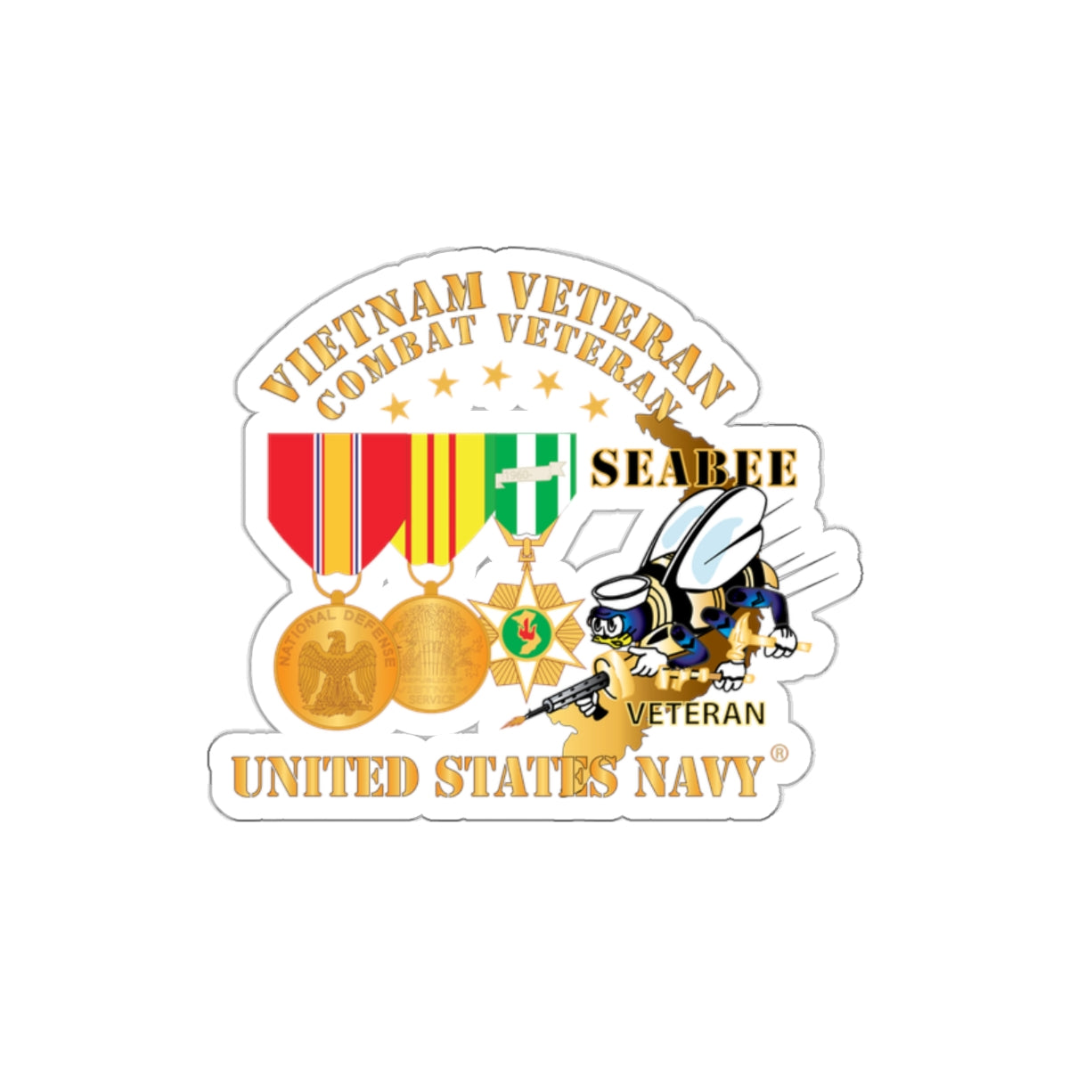 Die-Cut Vinyl Sticker - Navy - Vietnam  Veteran - w Medals - VN - Seabee