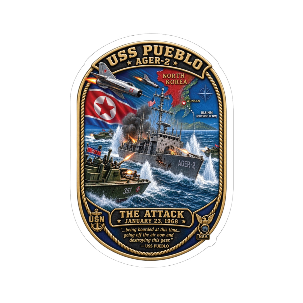 Kiss-Cut Stickers - USS Pueblo Attack-Defense Commemorative Patch