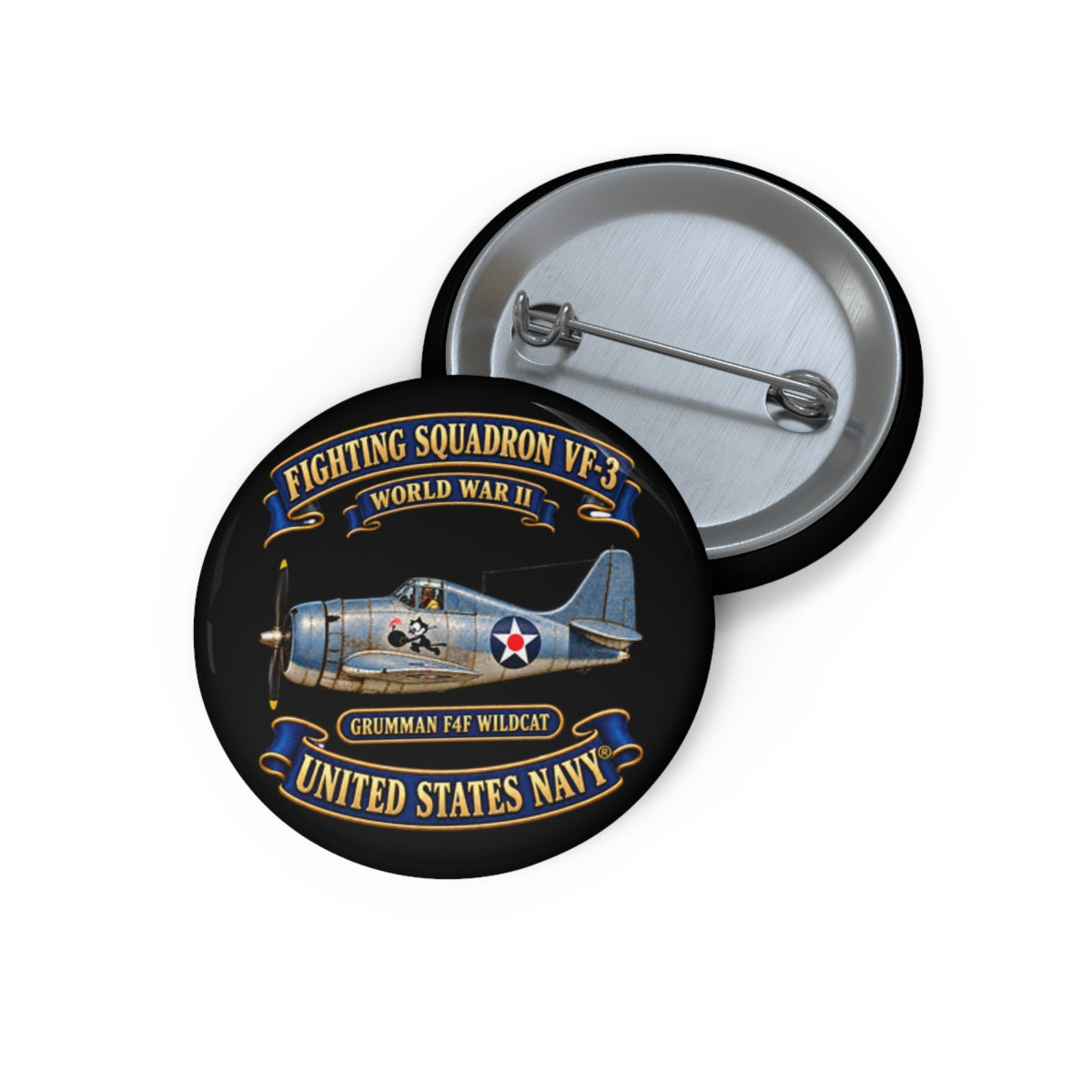 Pin Button - NAVY - Fighting Squadron - VF 3 - WWII FELIX Insignia - Grumman F4F Wildcat - 3D - Enhanced