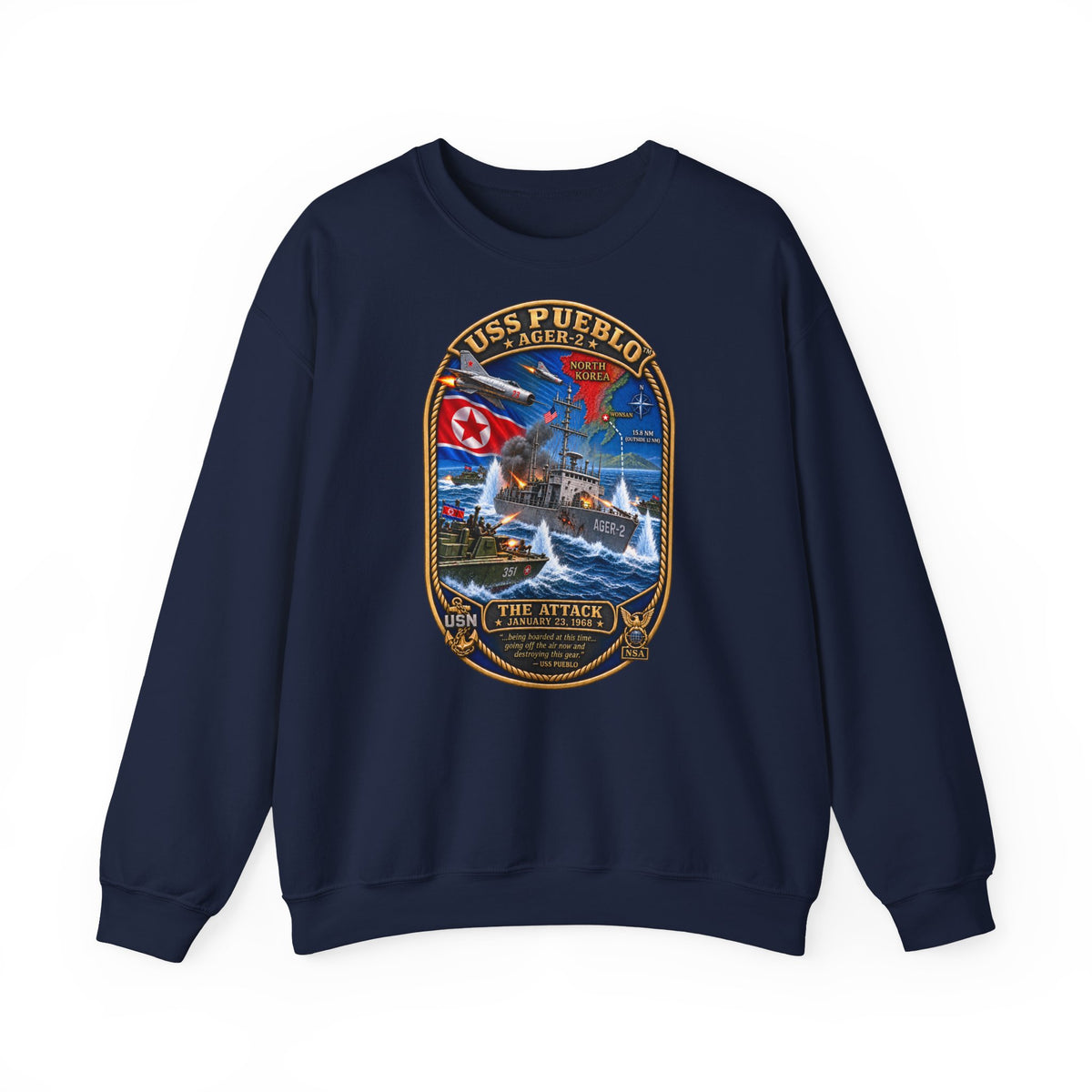Unisex Heavy Blend™ Crewneck Sweatshirt -  Navy - USS Pueblo Attack-Defense Commemorative Patch - 3D - Enhanced