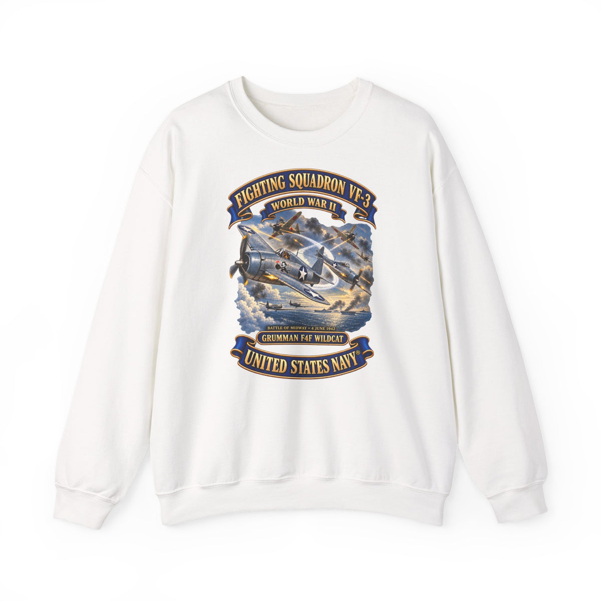 Unisex Heavy Blend™ Crewneck Sweatshirt -  Navy - Fighting Squadron - VF 3 - WWII - Grumman F4F Wildcats - Japanese Zeros - Battle of Midway - 3D - Enhanced