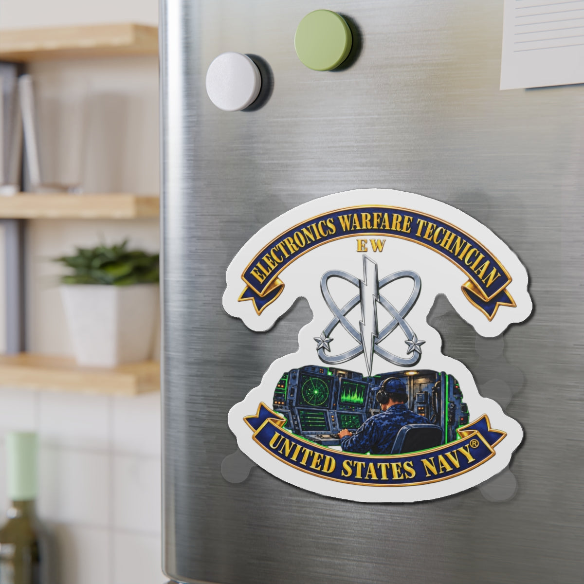 Die-Cut Magnet - Navy - Rate - Electronics Warfare Technician with Scene - 3D - Enhanced