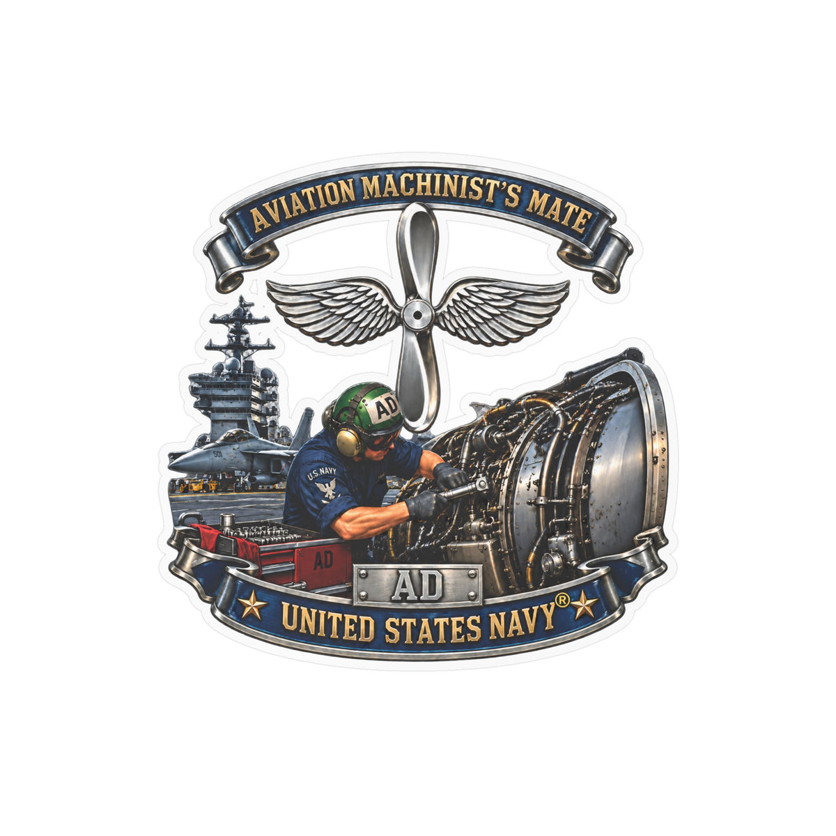 Kiss-Cut Vinyl Decal - Navy - Rate - Aviation Machinists Mate Br with Scene - 3D - Enhanced