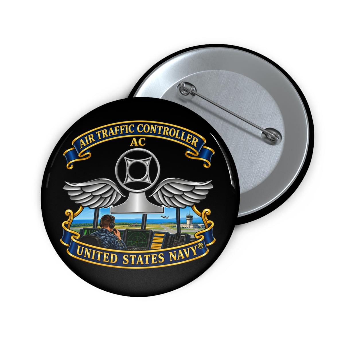 Pin Button - Navy - Rate - Air Traffic Controller (AC) - with Scene - 3D - Enhanced