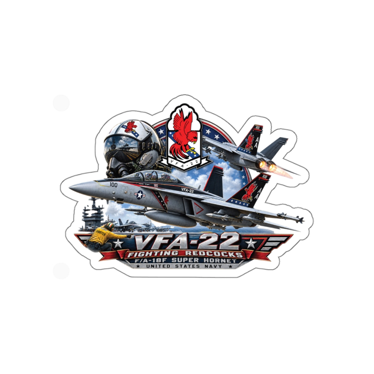Die-Cut Vinyl Sticker - Strike Fighter Squadron 22nd - AC - Fighting Redcocks - 3D - Enhanced