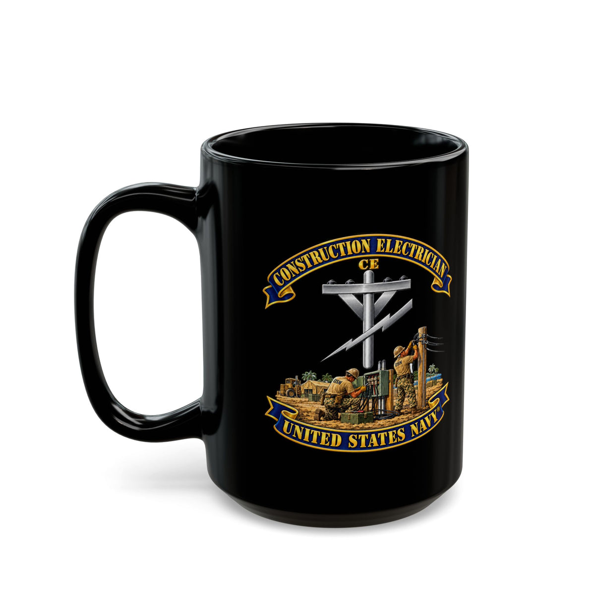 Black Mug (11oz, 15oz) - Navy - Rate - Construction Electrician (CE) with Scene - 3D - Enhanced