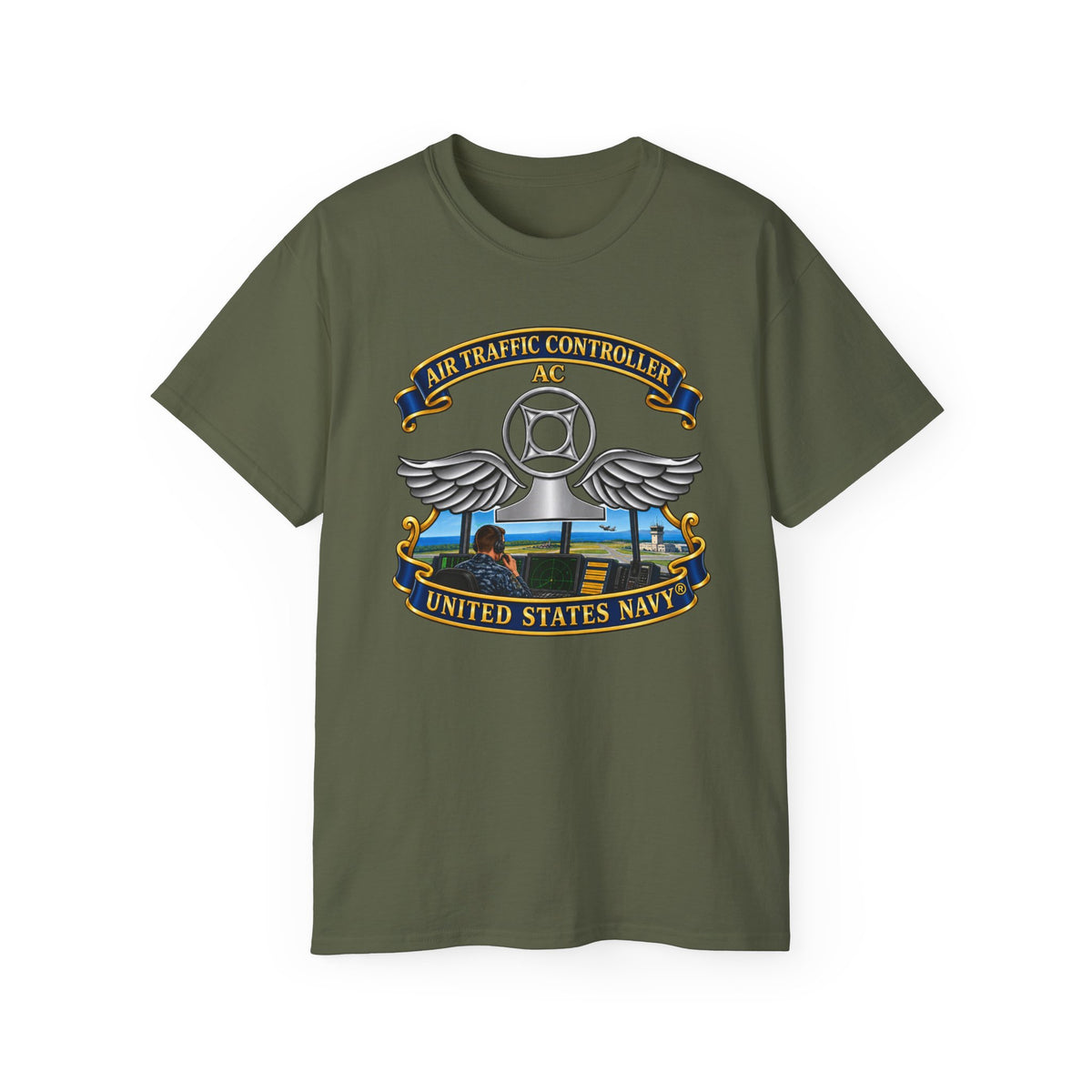 Unisex Ultra Cotton T-Shirt - Navy - Rate - Air Traffic Controller (AC) - with Scene - 3D - Enhanced