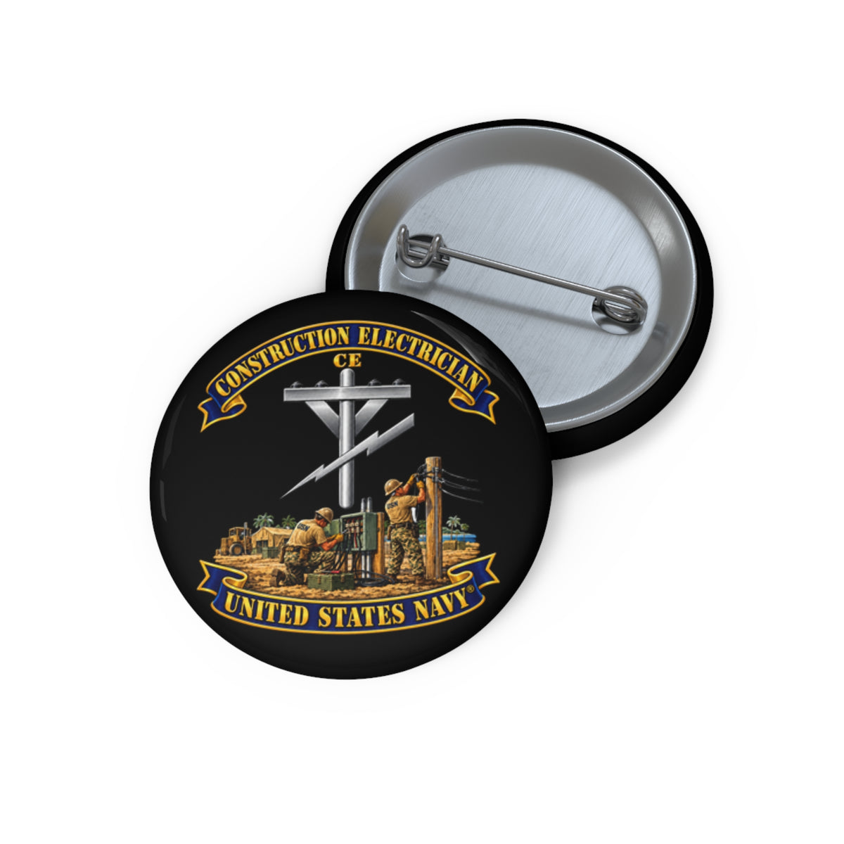 Pin Button - Navy - Rate - Construction Electrician (CE) with Scene - 3D - Enhanced