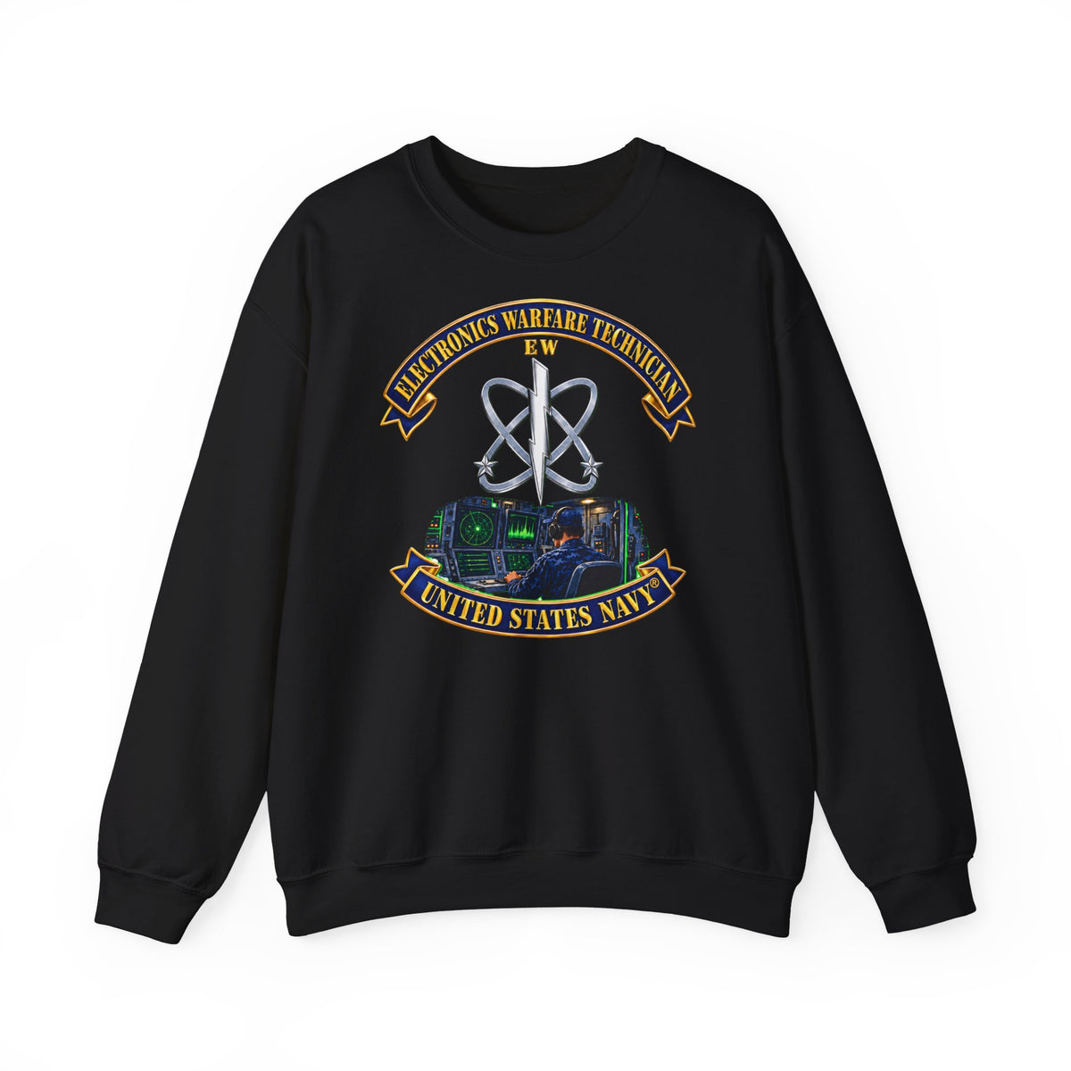Unisex Heavy Blend™ Crewneck Sweatshirt -  Navy - Rate - Electronics Warfare Technician with Scene - 3D - Enhanced