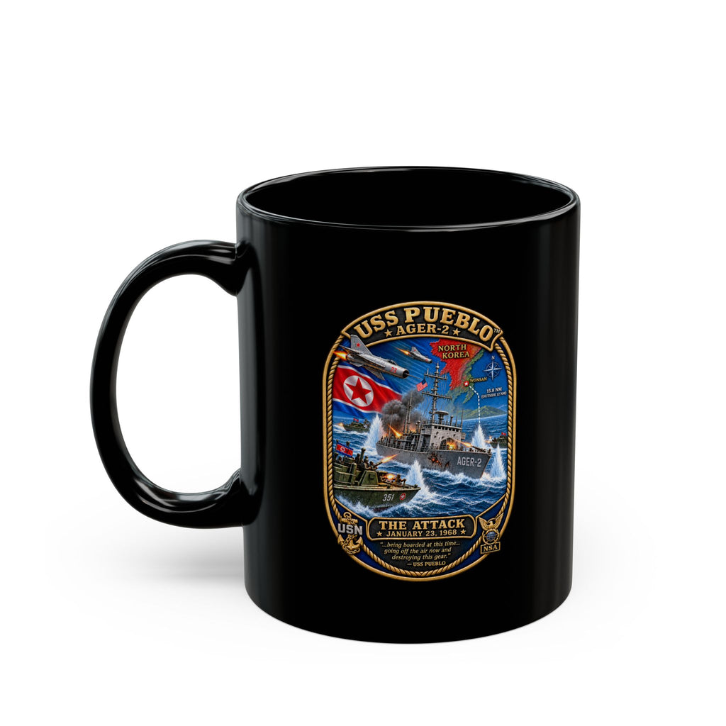 Black Mug (11oz, 15oz) - Navy - USS Pueblo Attack-Defense Commemorative Patch - 3D - Enhanced