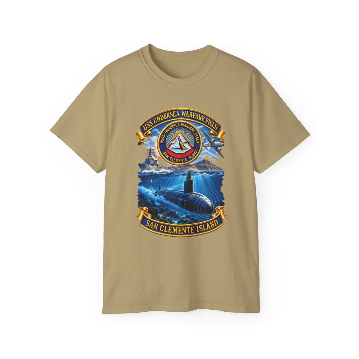 Unisex Ultra Cotton T-Shirt - NAVY - USS Undersea Warfare Field - San Clemente Island - Crest - w scene - 3D - Enhanced