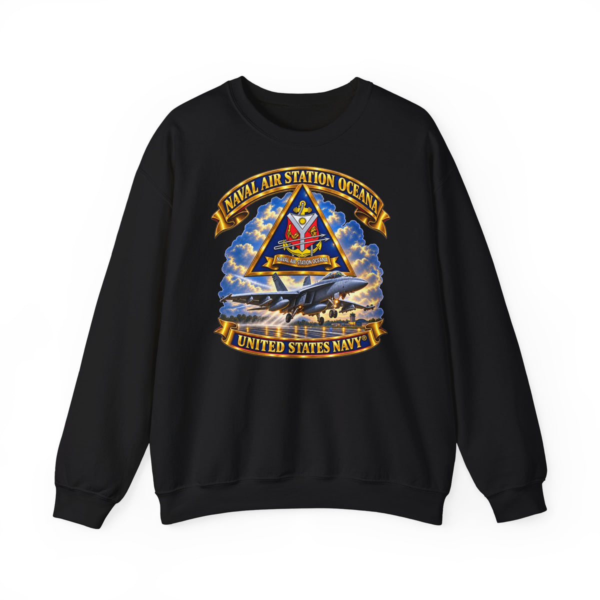 Unisex Heavy Blend™ Crewneck Sweatshirt -  Navy - Naval Air Station Oceana - Crest with Aircraft - United States Navy - 3D - Enhanced