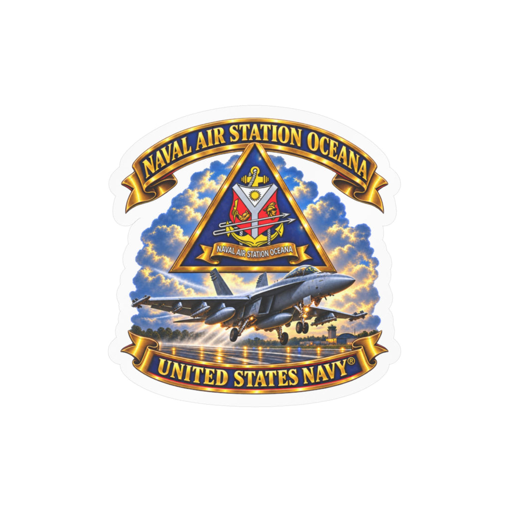Kiss-Cut Vinyl Decal - Navy - Naval Air Station Oceana - Crest with Aircraft - United States Navy - 3D - Enhanced