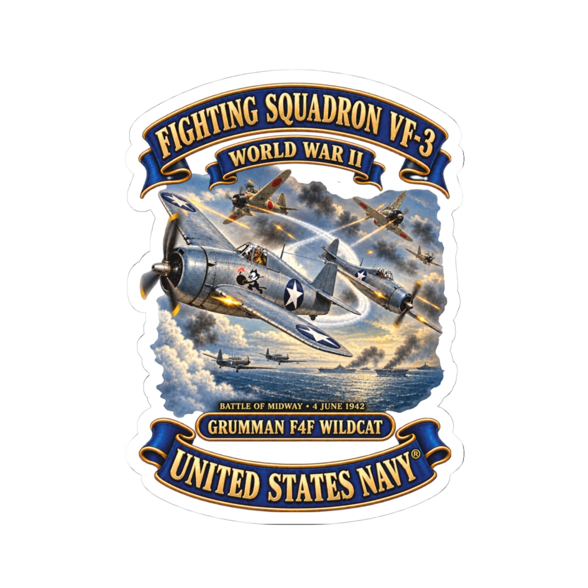 Kiss-Cut Stickers - Navy - Fighting Squadron - VF 3 - WWII - Grumman F4F Wildcats - Japanese Zeros - Battle of Midway - 3D - Enhanced