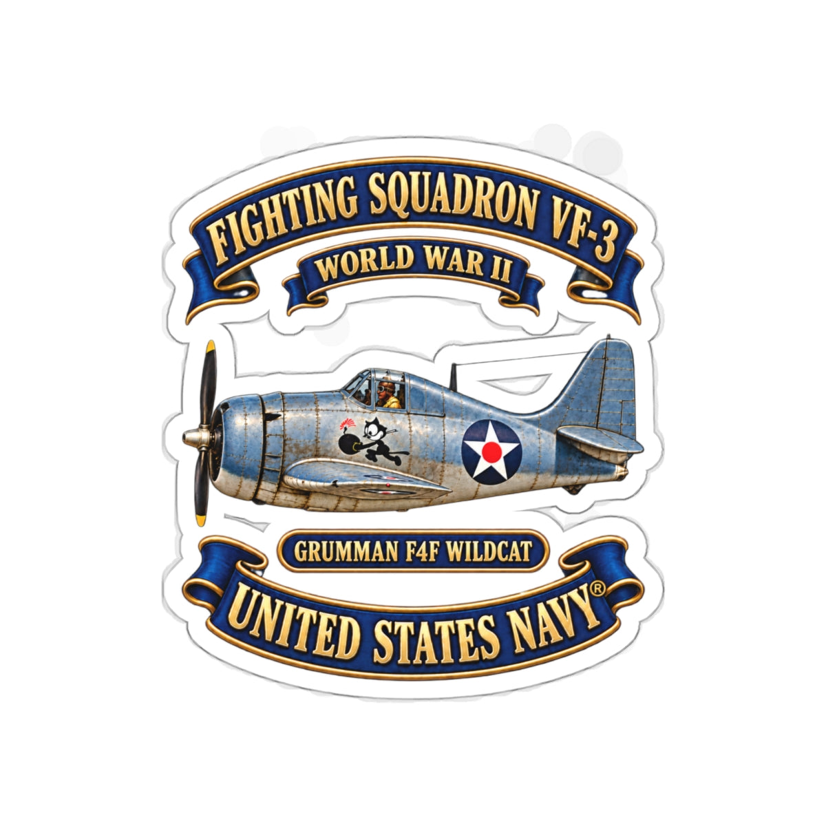 Die-Cut Vinyl Sticker - NAVY - Fighting Squadron - VF 3 - WWII FELIX Insignia - Grumman F4F Wildcat - 3D - Enhanced
