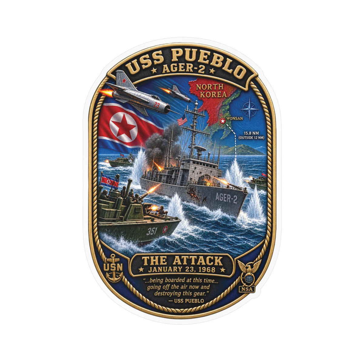 Kiss-Cut Vinyl Decal - USS Pueblo Attack-Defense Commemorative Patch