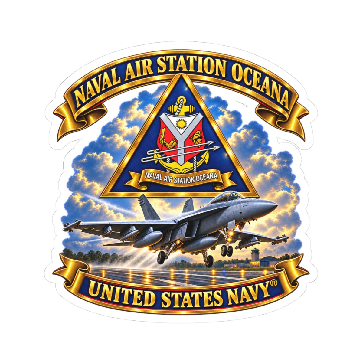 Kiss-Cut Stickers - Navy - Naval Air Station Oceana - Crest with Aircraft - United States Navy - 3D - Enhanced