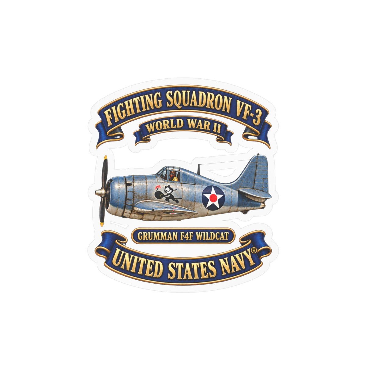 Kiss-Cut Vinyl Decal - NAVY - Fighting Squadron - VF 3 - WWII FELIX Insignia - Grumman F4F Wildcat - 3D - Enhanced