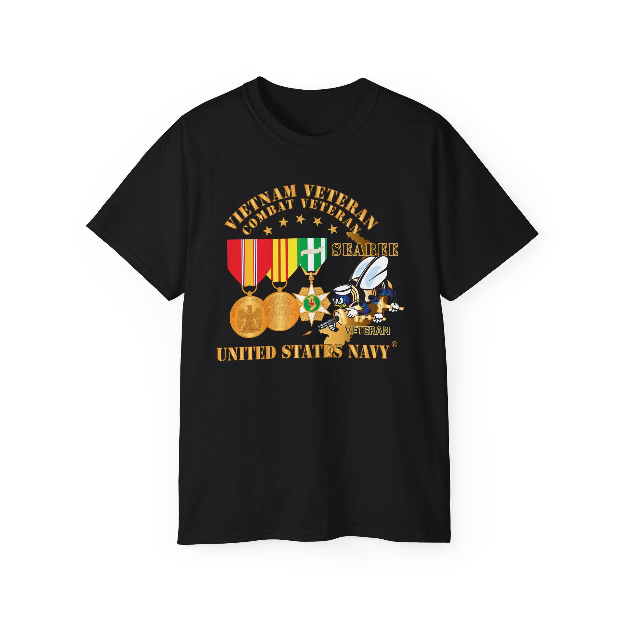 Unisex Ultra Cotton T-Shirt - Navy - Vietnam  Veteran - w Medals - VN - Seabee
