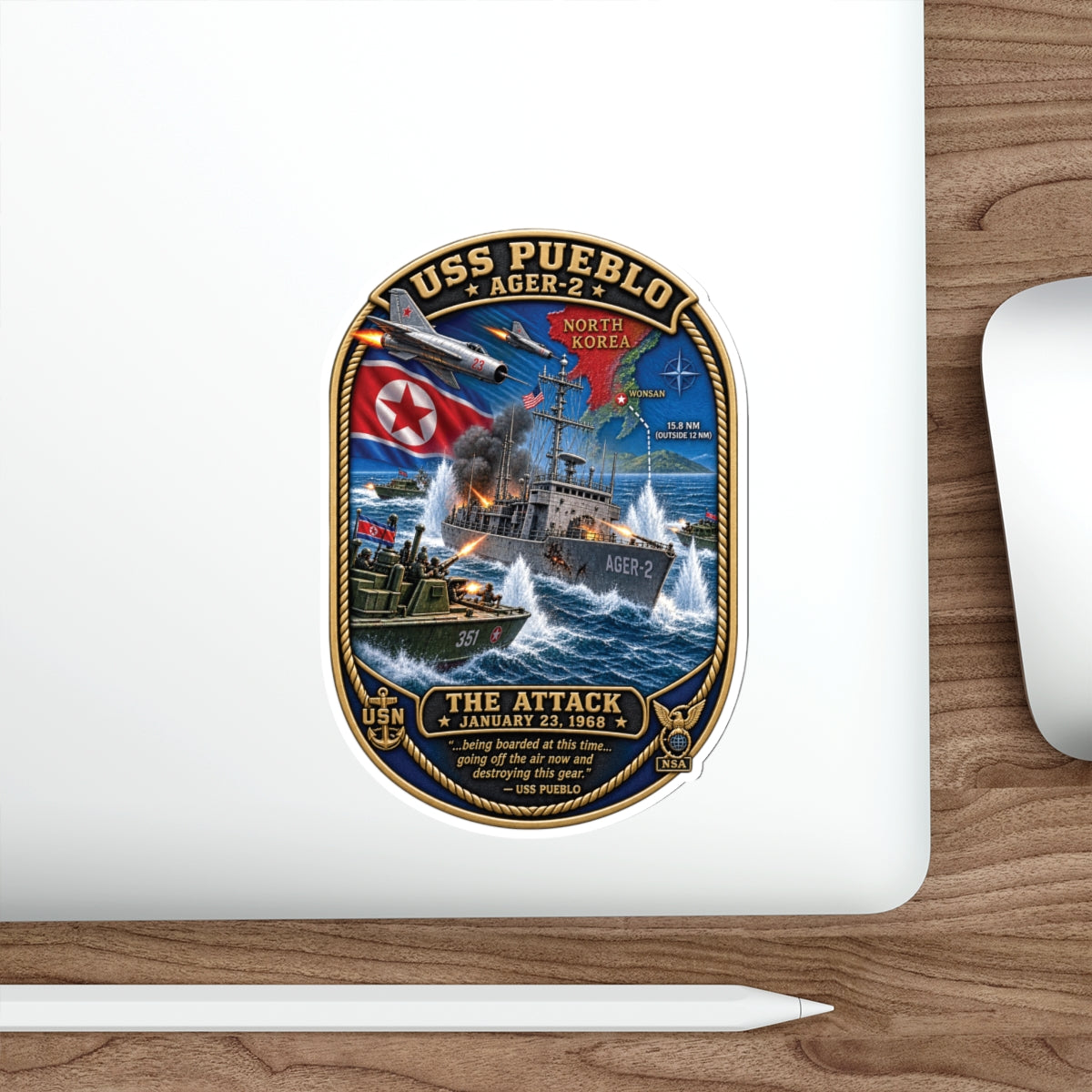 Die-Cut Vinyl Sticker - USS Pueblo Attack-Defense Commemorative Patch