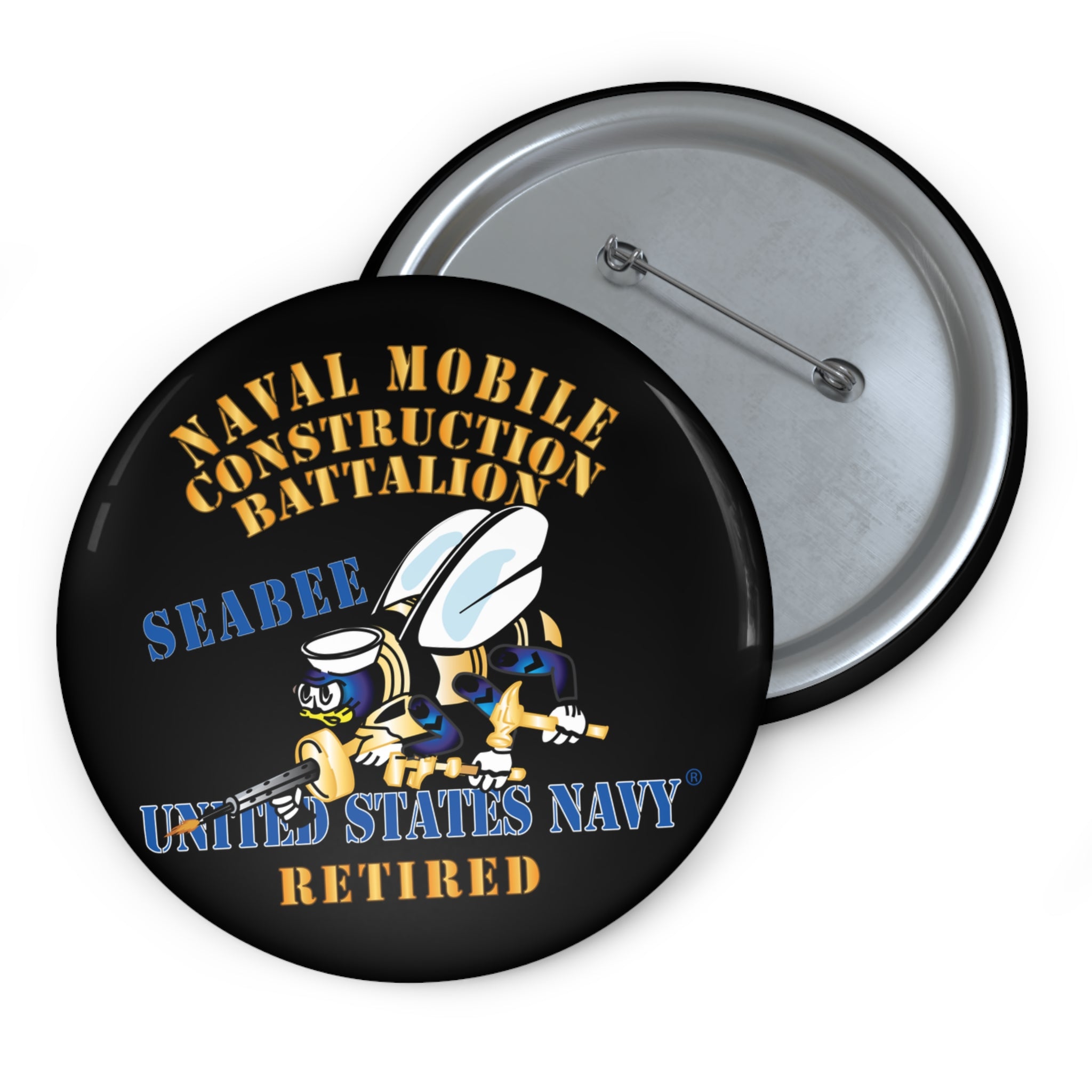 Custom Pin Button - Navy - Seabee - Retired
