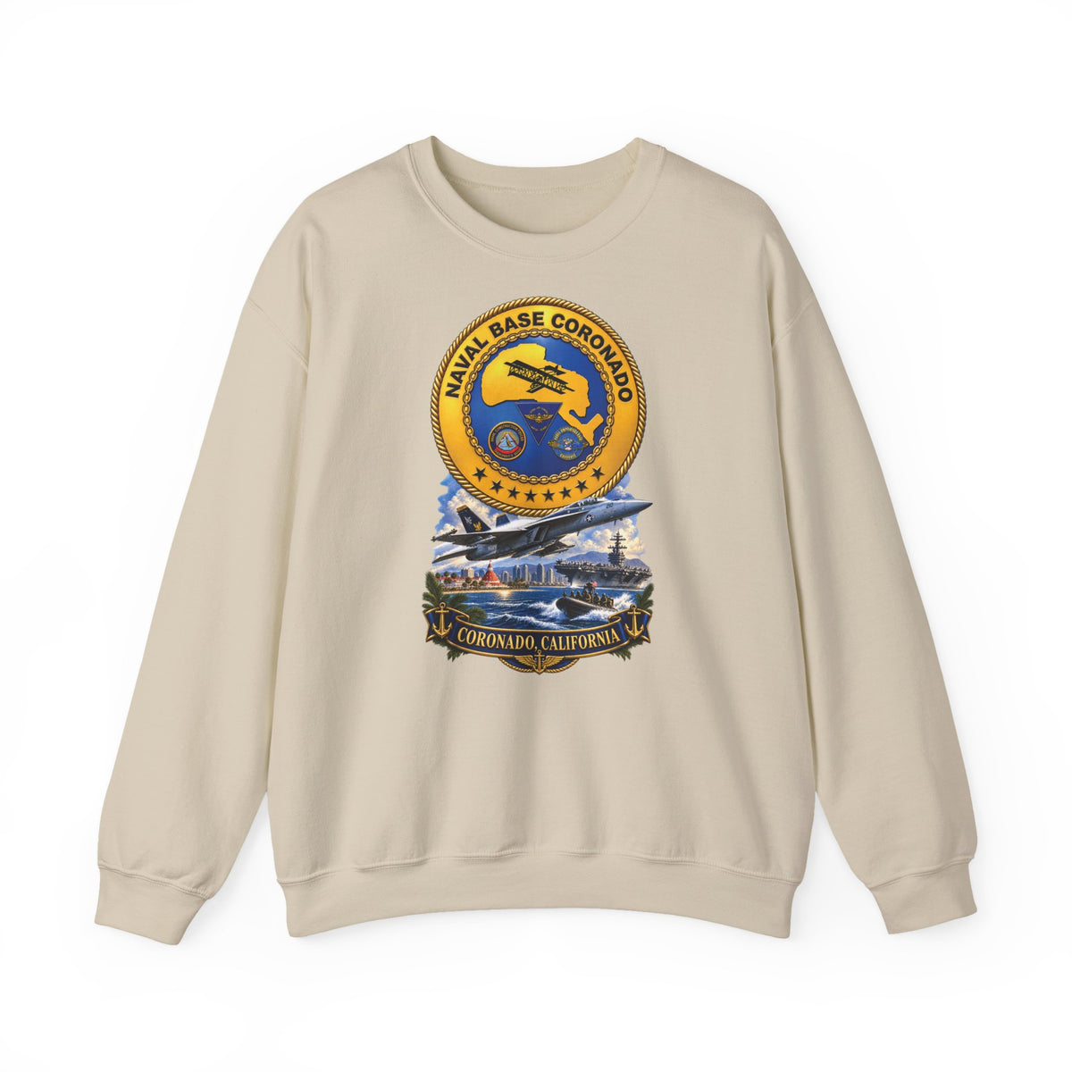 Unisex Heavy Blend™ Crewneck Sweatshirt - NAVY - Naval Base Coronado - Crest w Scene - Coronado California - 3D - Enhanced