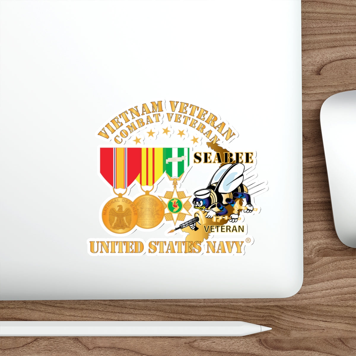 Die-Cut Vinyl Sticker - Navy - Vietnam  Veteran - w Medals - VN - Seabee