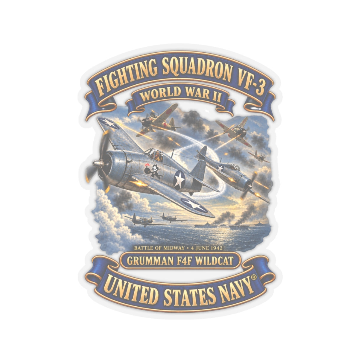 Kiss-Cut Stickers - Navy - Fighting Squadron - VF 3 - WWII - Grumman F4F Wildcats - Japanese Zeros - Battle of Midway - 3D - Enhanced