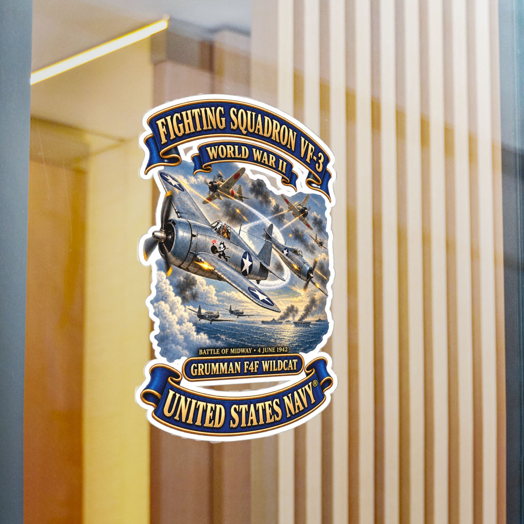 Kiss-Cut Vinyl Decal - Navy - Fighting Squadron - VF 3 - WWII - Grumman F4F Wildcats - Japanese Zeros - Battle of Midway - 3D - Enhanced