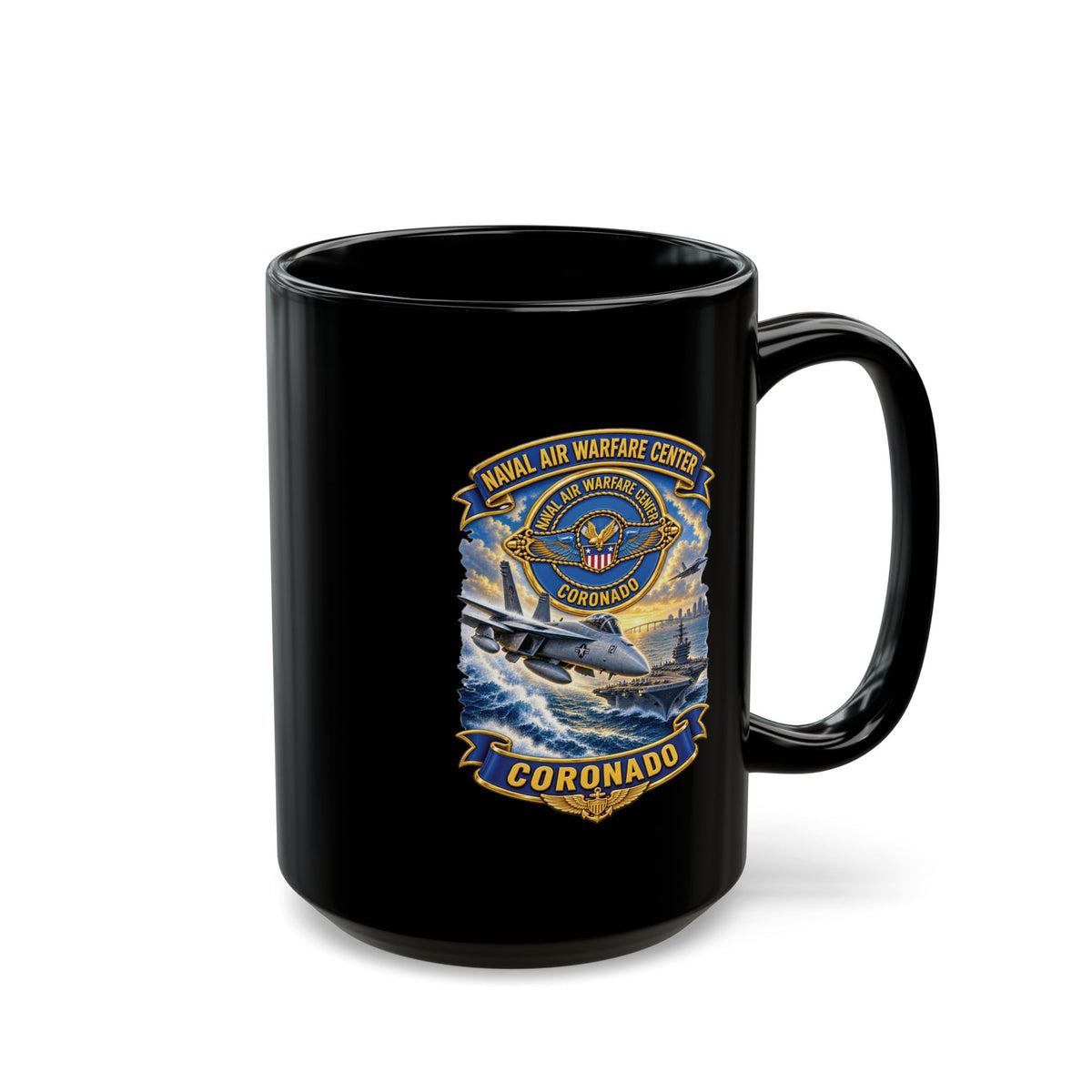 Black Mug (11oz, 15oz) - NAVY - Naval Air Warfare Center - Coronado - Crest - with Scene - 3D - Enhanced